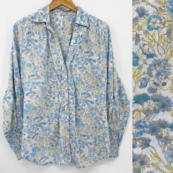 Free People Blue Floral Button Front Top Long Sleeve Cottage Bohemian - Picture 1 of 9